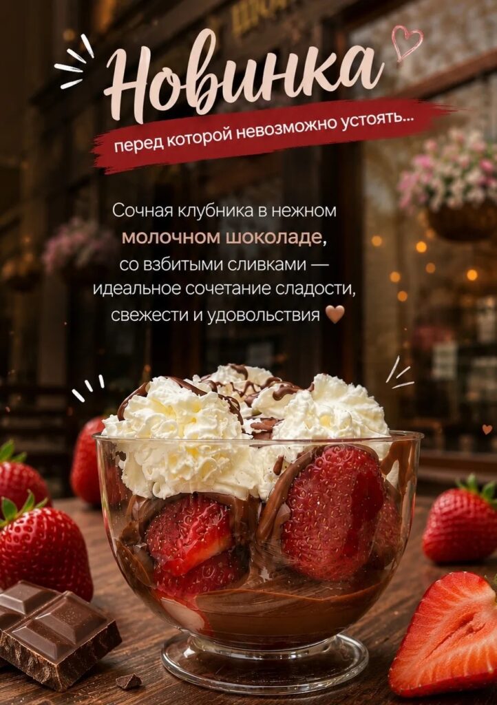 🍓  Клубника в шоколаде со взбитыми сливками — маленькое удовольствие, которое делает день лучше.